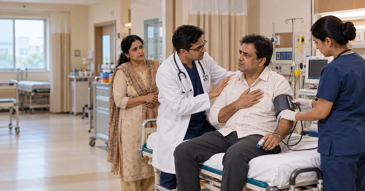 Emergency medical team assessing an adult with sudden chest pain at a hospital in Ranchi Emergency medical team assessing an adult with sudden chest pain at a hospital in Ranchi