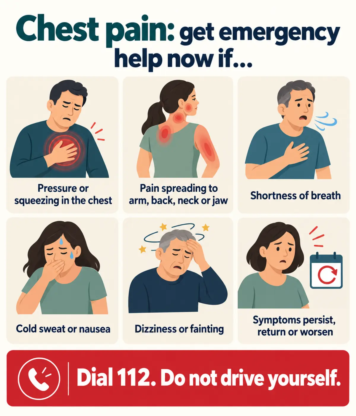 Emergency warning signs of chest pain including pressure, spreading pain, breathlessness, sweating and faintness Emergency warning signs of chest pain including pressure, spreading pain, breathlessness, sweating and faintness