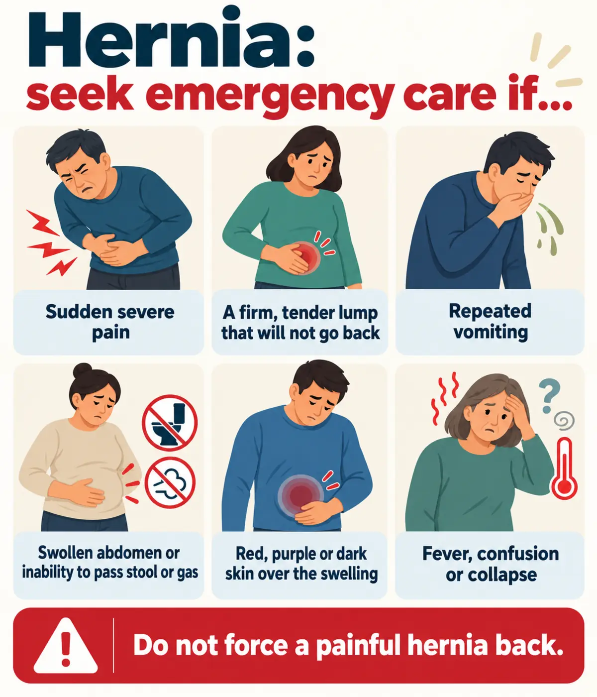 Hernia emergency warning signs including severe pain, an irreducible lump, vomiting and abdominal swelling Hernia emergency warning signs including severe pain, an irreducible lump, vomiting and abdominal swelling