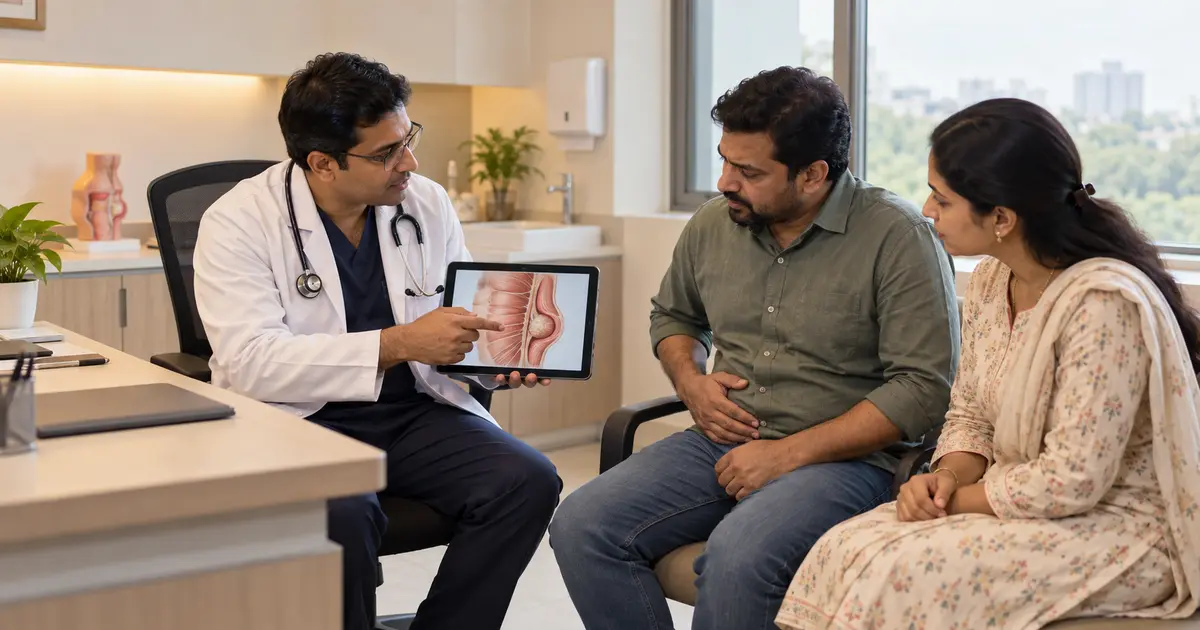 General surgeon examining an adult patient with a suspected abdominal-wall hernia in Ranchi General surgeon examining an adult patient with a suspected abdominal-wall hernia in Ranchi