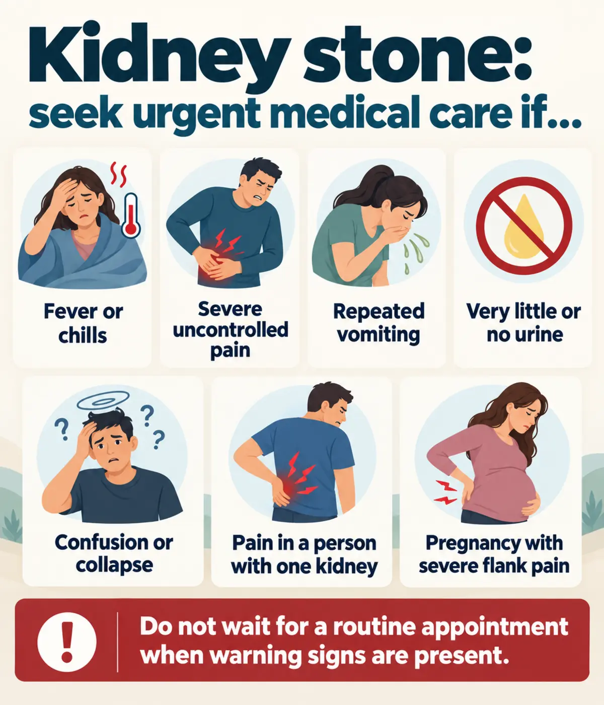 Emergency warning signs for kidney stones including fever, uncontrolled pain, vomiting and reduced urine output Emergency warning signs for kidney stones including fever, uncontrolled pain, vomiting and reduced urine output