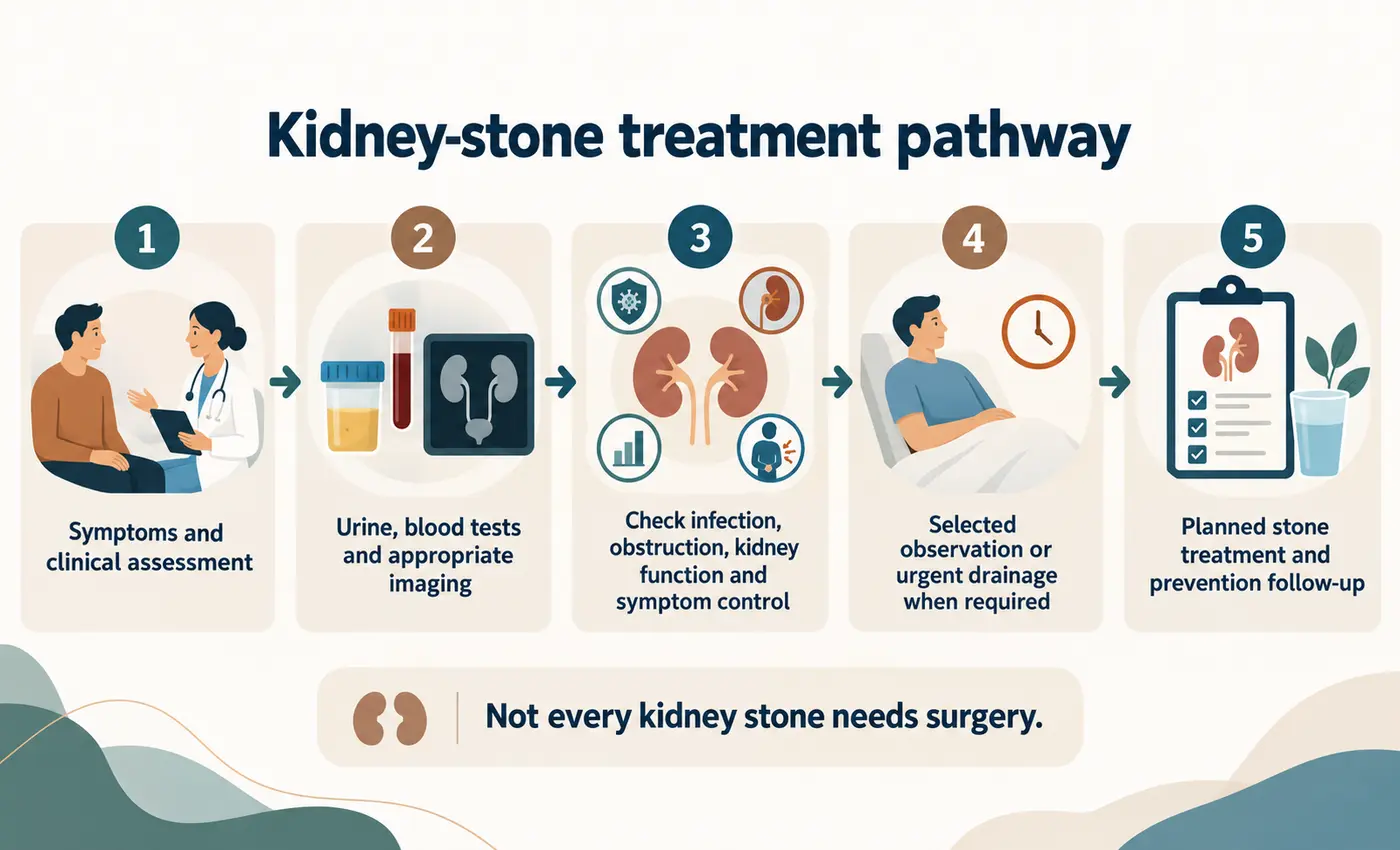 Kidney-stone treatment pathway from assessment and imaging to observation, urgent drainage or a planned procedure Kidney-stone treatment pathway from assessment and imaging to observation, urgent drainage or a planned procedure