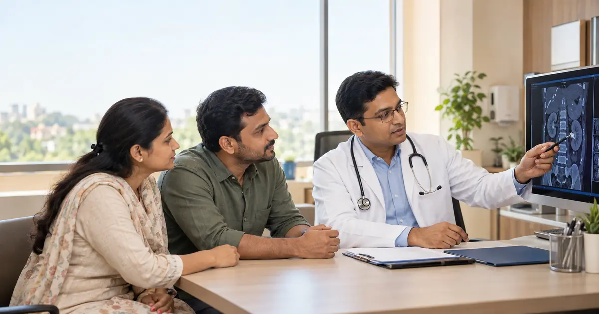 Urologist explaining kidney-stone scan findings and treatment options to a patient in Ranchi Urologist explaining kidney-stone scan findings and treatment options to a patient in Ranchi