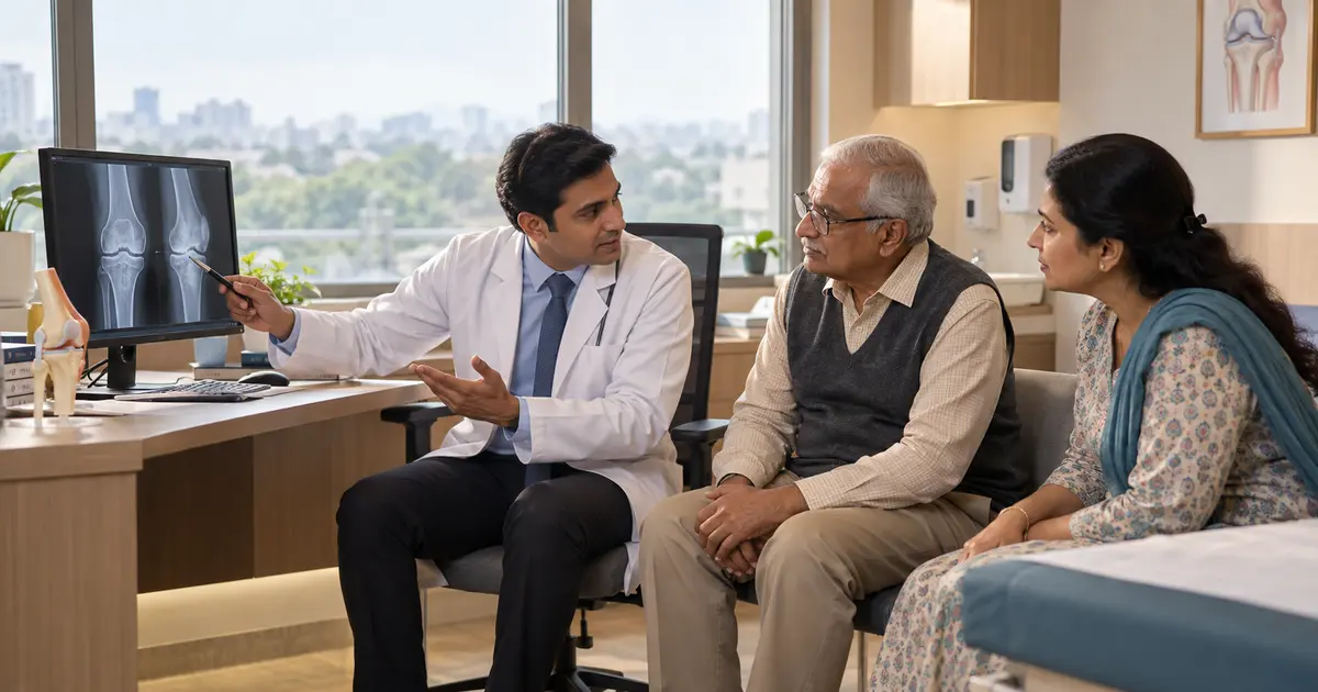Orthopaedic specialist discussing knee arthritis and knee replacement options with an older patient in Ranchi Orthopaedic specialist discussing knee arthritis and knee replacement options with an older patient in Ranchi