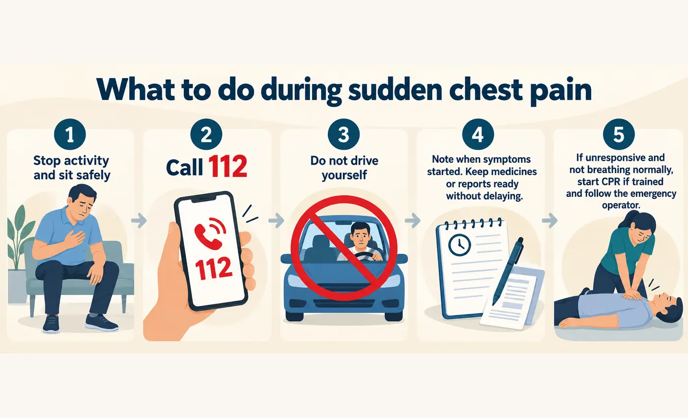 Five immediate actions for sudden chest pain: stop activity, call 112, do not drive, note onset time and start CPR if needed Five immediate actions for sudden chest pain: stop activity, call 112, do not drive, note onset time and start CPR if needed